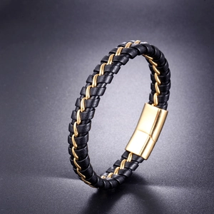 Fashionable men's braided leather and gold stainless steel chain bracelet with magnetic clasp