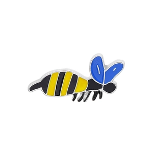 Detail of creative cartoon bee brooch with yellow stripes and blue wings on white background