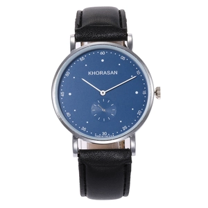 Detail of blue dial quartz watch with silver casing and black leather strap