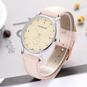 Elegant business quartz watch with light pink leather strap and minimalist silver case