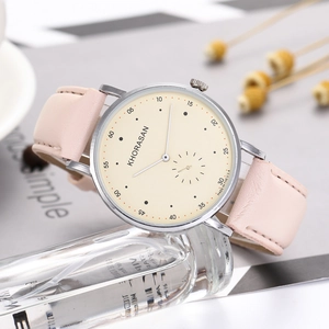 Elegant Khorasan women's business quartz watch with pink leather strap and cream dial