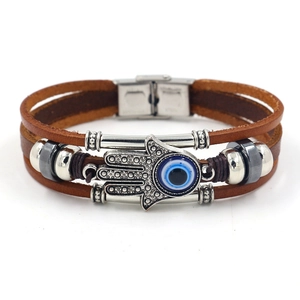 Multilayer leather Hamsa hand bracelet with blue Evil Eye and stainless steel buckle