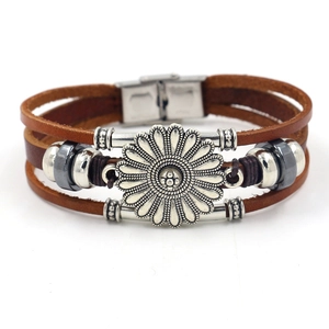 Bohemian brown leather bracelet with daisy flower charm and multi-layer beaded design