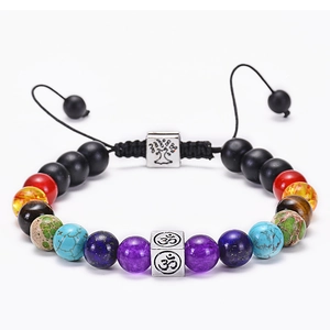 Macro detail of Seven Chakra 8mm stones with Tree of Life and Om symbol charms