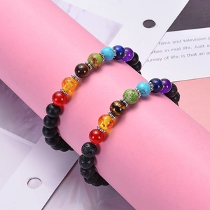 Chakra bracelet with black lava stone and seven colorful natural healing beads