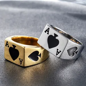 Punk style Ace of Spades men's stainless steel ring in gold and silver finishes