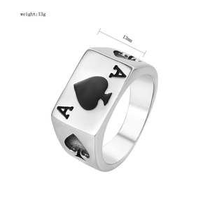 Macro detail of men's poker Ace of Spades ring showing 13mm width and 13g weight