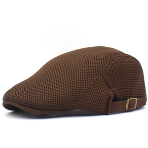 Close-up of brown mesh beret hat showing breathable texture and side metal buckle