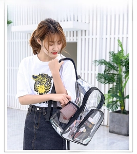 Transparent PVC backpack with large capacity and black straps shown on a female model