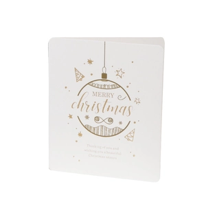 Elegant white Christmas card with gold foil merry christmas lettering and tree patterns