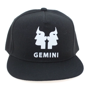 Front detail of black Gemini zodiac snapback hat featuring white glow-in-the-dark print