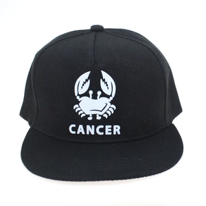 Detail of Cancer zodiac embroidery on black snapback hat with flat brim design