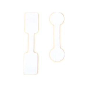 Self-adhesive white jewelry price tags for rings in rectangular and dumbbell shapes