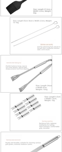 Detail view of BBQ tool set including stainless steel tongs, brush, and skewers with specs