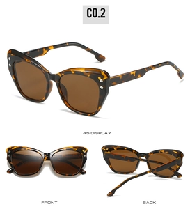 Three-angle view of tortoiseshell cat-eye sunglasses with brown lenses and silver rivets