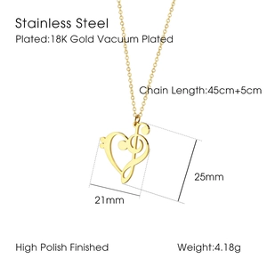 Detailed view of musical note heart necklace dimensions with 18K gold plated steel texture