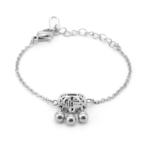 Silver longevity lock bracelet with Fu character and triple bead charms for kids
