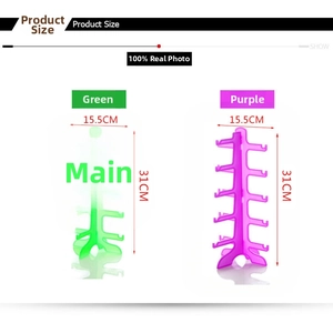 Detailed dimensions of 5-tier plastic sunglass display stand in green and purple