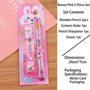 5-piece pink bunny stationery set including pencils, ruler, sharpener and eraser for kids