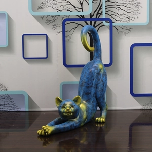 Modern abstract blue and gold cat resin sculpture home decor for living room shelf