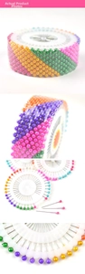 Macro detail of colorful pearlized round head pins in a white plastic wheel dispenser