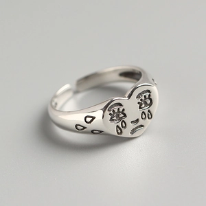 Crying Face Ring 925 Sterling Silver Sad Heart Shaped Adjustable Open Band Vintage Creative Jewelry For Women