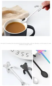 Detailed view of three stainless steel bear-shaped stirring spoons in various finishes