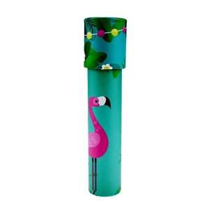 Detail of teal toy kaleidoscope featuring tropical flamingo and palm leaf patterns