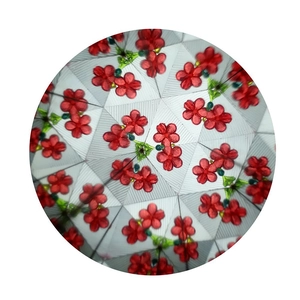Internal view of a classic paper kaleidoscope showing red floral patterns and green details
