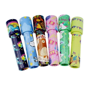 Set of six colorful paper kaleidoscopes with assorted cartoon patterns and illustrations