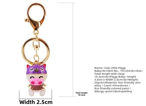 Tableau détaillé des tailles du porte-clés cochon avec dimensions en cm et matériaux