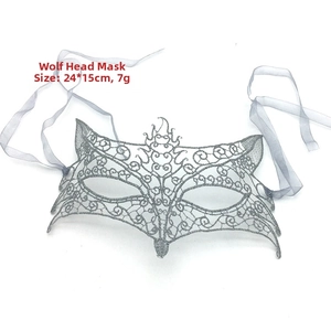 Silver glitter lace wolf mask for masquerade, dimensions 24x15cm with ribbon tie