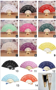 Detailed grid view of assorted vintage lace folding fans with elegant tassels in 14 colors