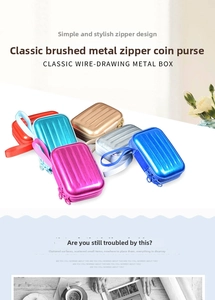 Close-up of six colorful brushed metal tin coin purses with dual zippers and lanyards