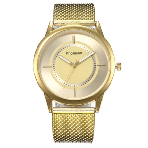 Elegant gold quartz watch with a minimalist dial and Milanese mesh steel strap