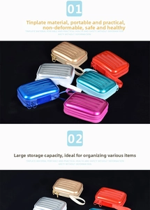 Macro detail of miniature luggage-style tinplate coin purses with zip and carry strap