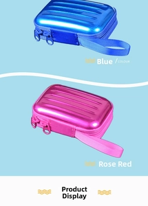 Close-up of rectangular tinplate coin purses in blue and rose red with double zippers