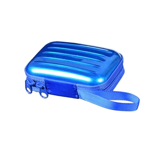 Close-up of blue hard-shell storage case featuring double zippers and carry strap