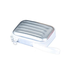 Detail of silver rectangular tin mini storage case with ribbed texture and zipper