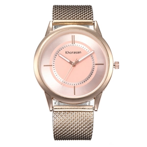 Khorasan women's rose gold quartz watch with pink dial and milanese mesh strap