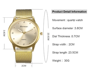 Spécifications détaillées et paramètres de la montre à quartz à bracelet en maille dorée