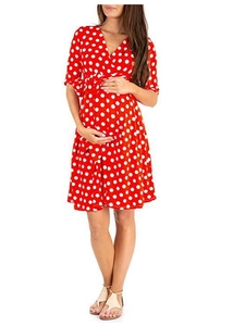 Polka dot maternity dress in red with V-neck and high waist belt for pregnant women