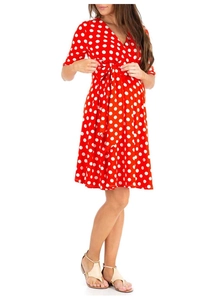 Women's summer V-neck maternity dress with red and white polka dot print and waist tie