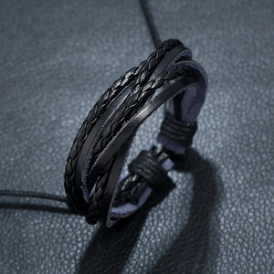 Retro punk black multi-layer braided leather bracelet with adjustable rope knot closure