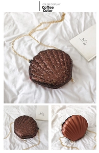 Detailed comparison of brown sequin and bronze seashell bags with pearl chain accents