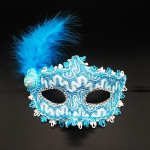 Sky blue and white masquerade mask with delicate feathers and sparkling rhinestones