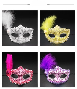 Detailed view of four colorful Venetian lace masks with feathers in various shades