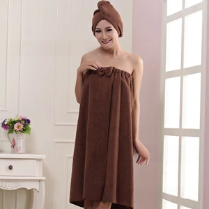 Detail of soft microfiber bath dress with bow and matching hair drying cap in coffee brown