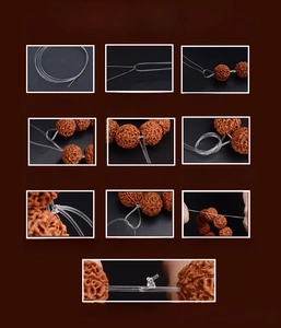 Step-by-step macro guide for threading elastic cord through brown crystal beads