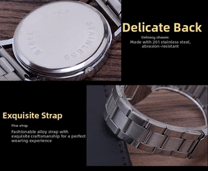 Detail of 201 stainless steel case back and alloy linked bracelet on a men's quartz watch